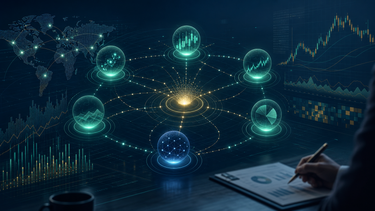 Agentic AI network analyzing market signals and risk in quantitative finance