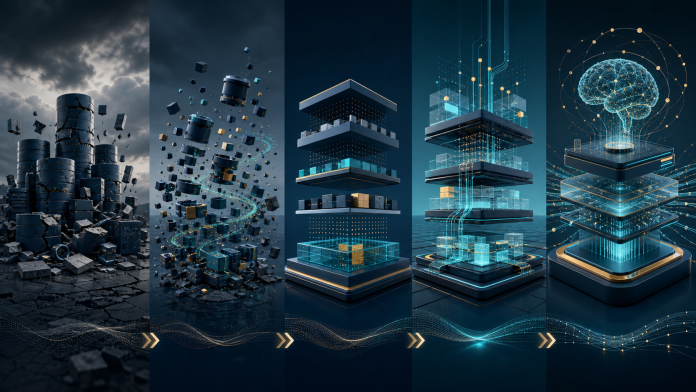 Five stages of modern data architecture evolving from legacy silos to intelligent systems
