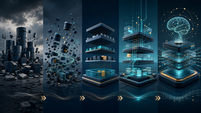 Five stages of modern data architecture evolving from legacy silos to intelligent systems