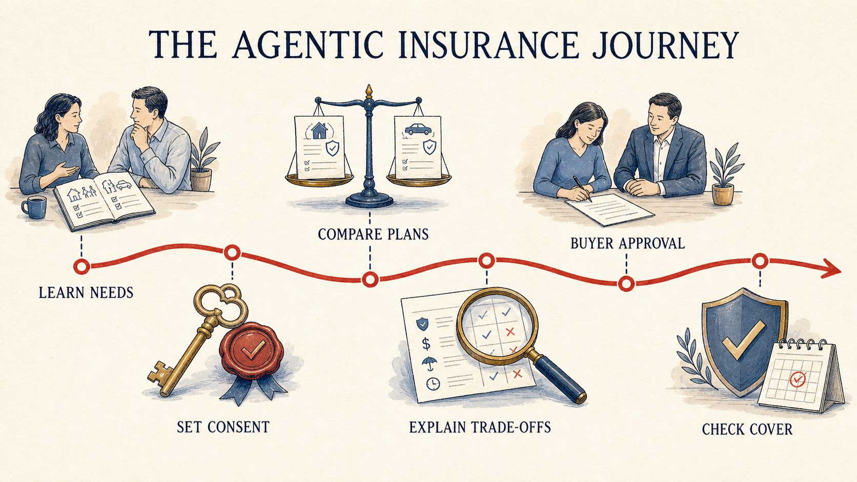 agentic insurance journey from needs and consent through comparison approval and cover checks