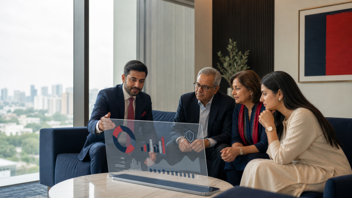 ai-wealth-management-featured AI wealth management adviser reviewing a family financial plan