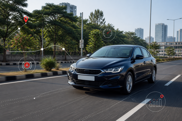 vehicle-telematics-featured Vehicle telematics data surrounding a connected car on an Indian city road