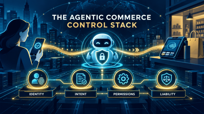 agentic-commerce-control-stack-header AI payment controls for agentic commerce showing identity, intent, permissions, and liability