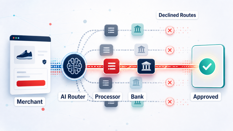 AI payment routing from merchant through processor and bank to approval