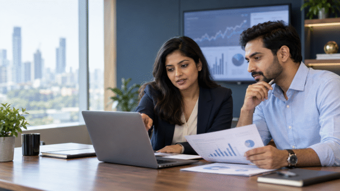 claude-chatgpt-finance-header Two Indian finance professionals reviewing AI-supported financial analysis together