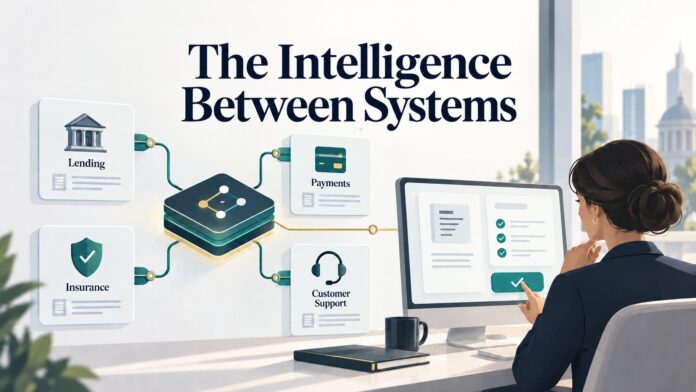 Workflow_Intelligence_Header_No_Brand Workflow intelligence connects lending, payments, insurance, and customer support systems while a human reviewer approves an evidence-backed action.