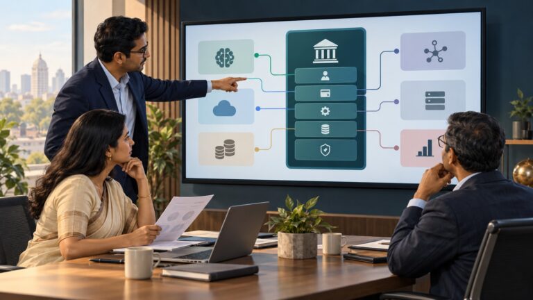AI sourcing in finance: a team reviews a bank-controlled workflow connected to external technology services.