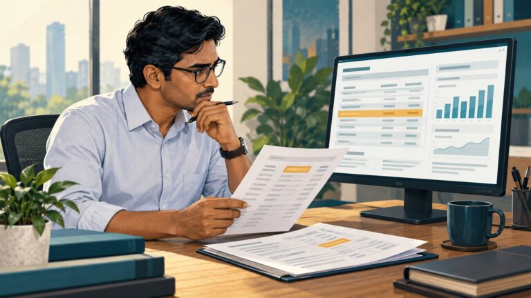 Human review of financial AI: an analyst compares an on-screen summary with highlighted source records.